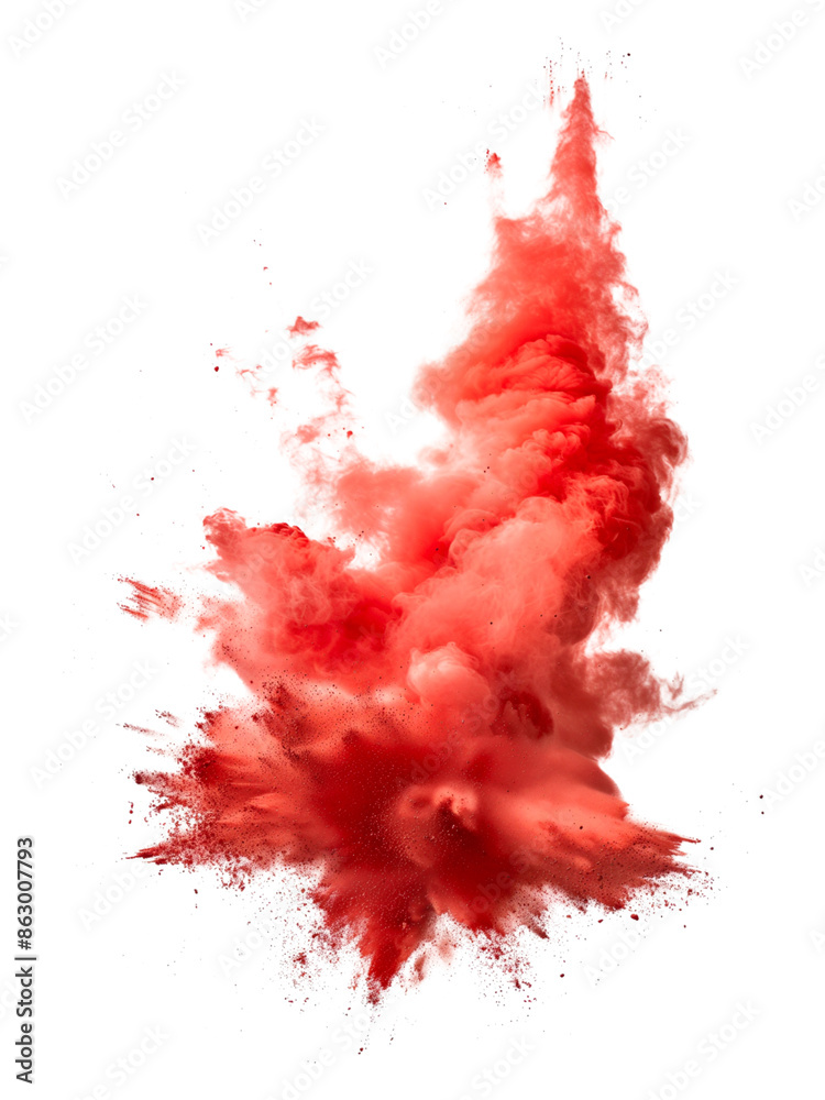Explosion of red powder, red dust splashing with smoke on transparent background