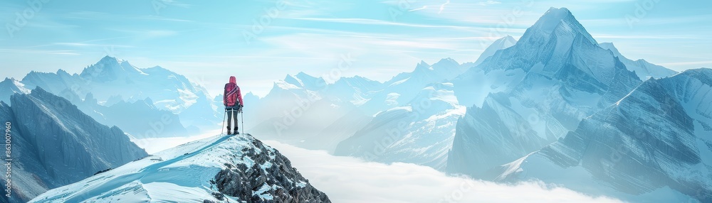 Lone hiker stands atop a snow-covered mountain peak, surrounded by majestic, mist-covered mountains under a bright blue sky in winter. Lone hiker stands atop a snow-covered mountain peak, surrounded by majestic, mist-covered mountains under a bright blue sky in winter.