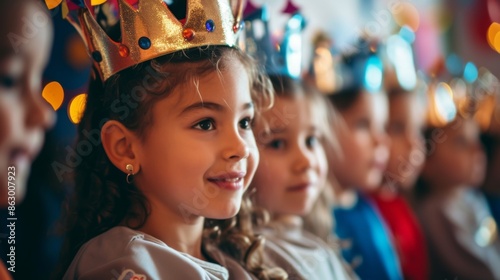 Two girls wearing toy crowns, standing side by side with big smiles, feeling proud and joyful photo