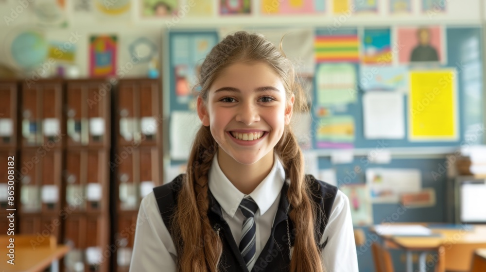 Schoolgirl in uniform standing in classroom or school corridor Schoolgirl in uniform standing in classroom or school corridor