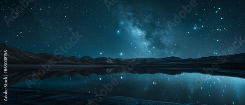Fototapeta Naklejka Na Ścianę i Meble -  a dreamy starlit night over a tranquil lake with reflections of the moon and constellations, creating a serene and mystical