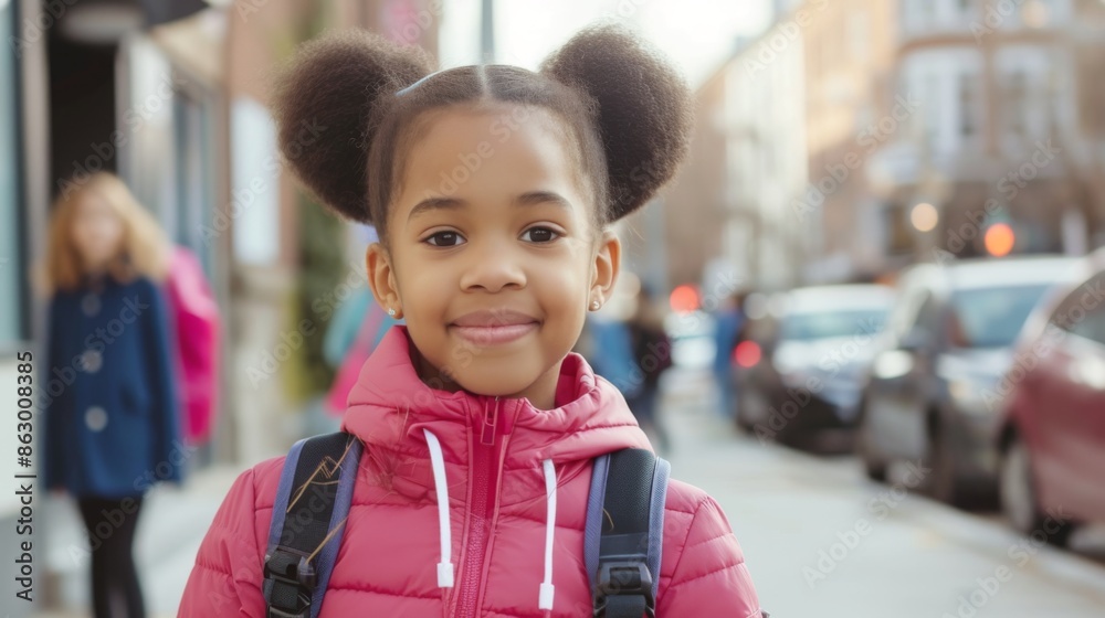 Girl with a backpack standing at the entrance to a school or on the sidewalk Girl with a backpack standing at the entrance to a school or on the sidewalk