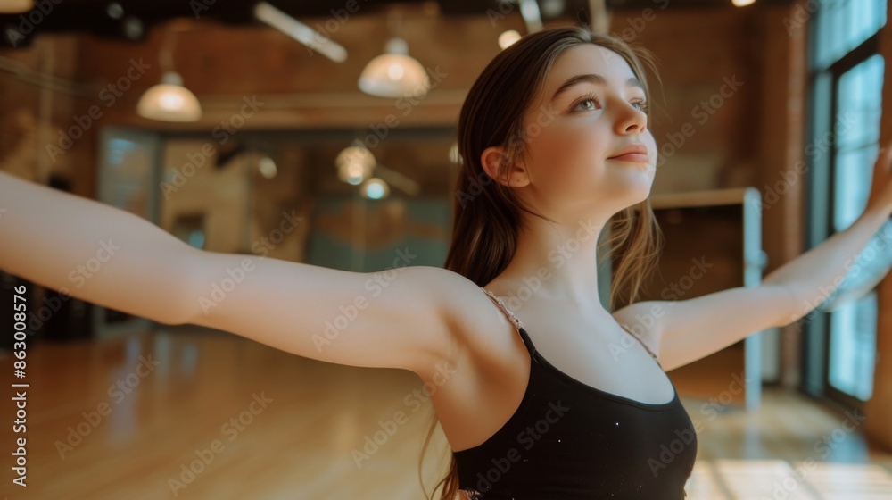 A teen girl wearing elegant dancewear, practicing ballroom dance moves in a dance studio with mirrors and wooden floors A teen girl wearing elegant dancewear, practicing ballroom dance moves in a dance studio with mirrors and wooden floors