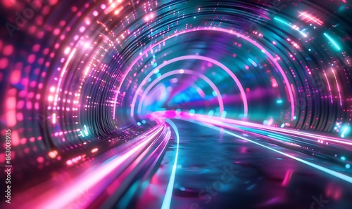 Abstract Futuristic Portal Tunnel with Glowing Pink, Blue, and Green Neon Waves for High-Speed Data Transfer Concept