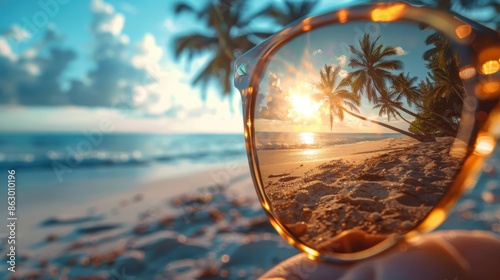 Close-up Of Beach And Palm Trees Seen Through Glasses On Sunny Day
