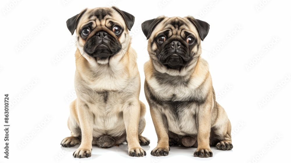 Cheerful Pair of Pugs Sitting Together in Playful Pose on White Background