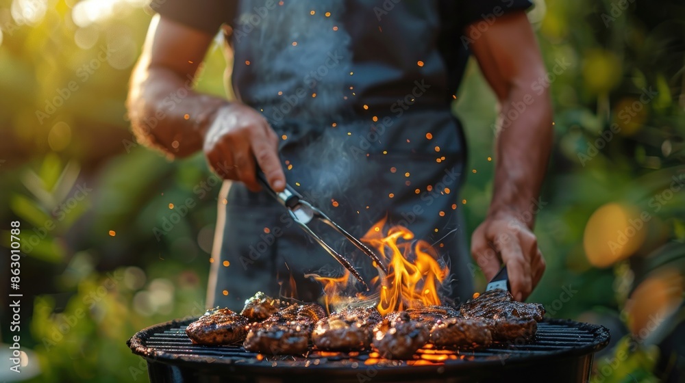 Fototapeta premium Grilling Perfection: A Man Tends to a Fiery Barbecue