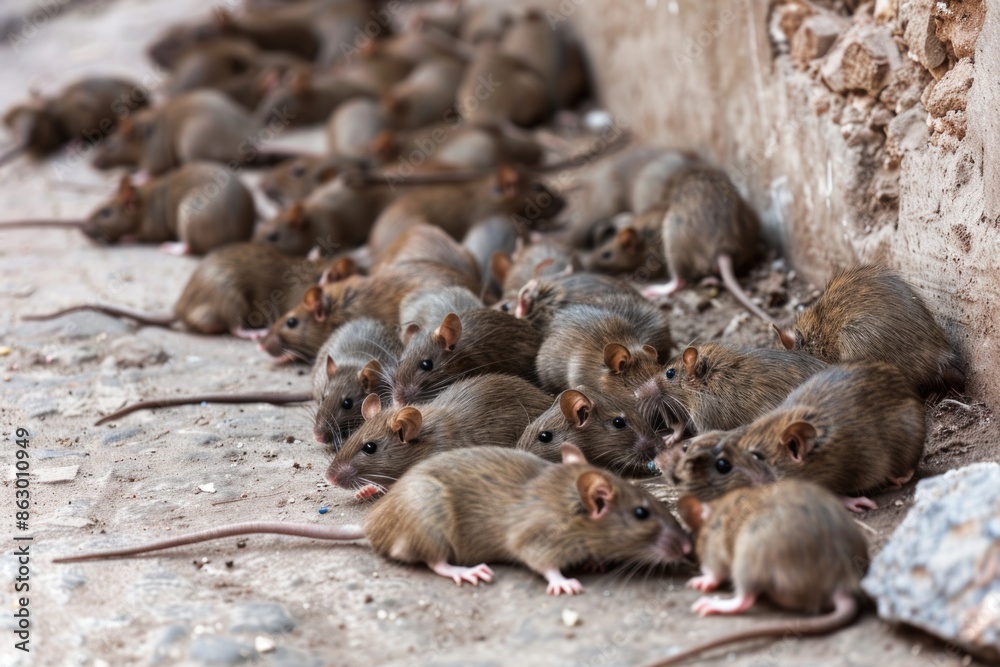 Fototapeta premium A group of rats sitting on the ground next to a building wall