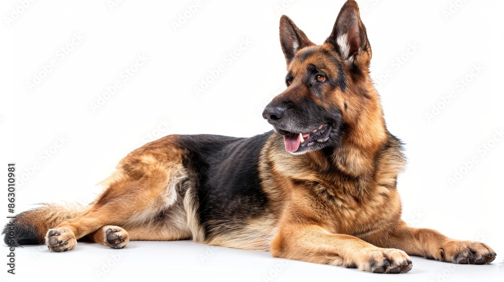 Majestic German Shepherd in Protective Stance on White Background Majestic German Shepherd in Protective Stance on White Background