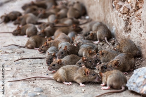 A group of rats sitting on the ground next to a building wall
