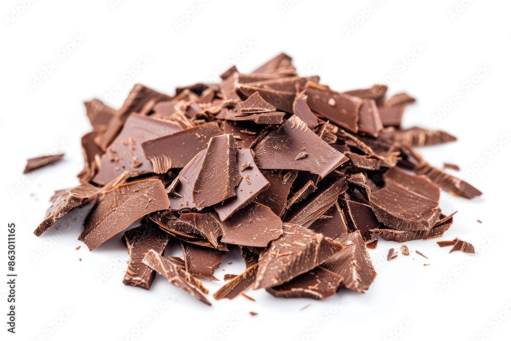 A pile of assorted chocolate pieces arranged on a white surface, perfect for decoration or photography props A pile of assorted chocolate pieces arranged on a white surface, perfect for decoration or photography props