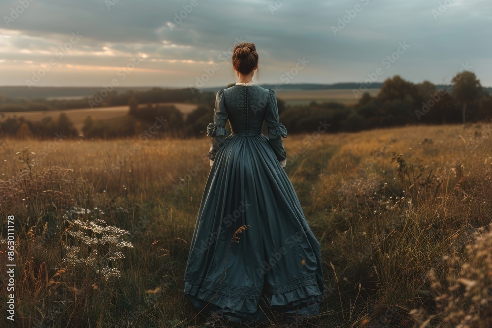 A woman in a blue dress stands in a field, a peaceful scene A woman in a blue dress stands in a field, a peaceful scene