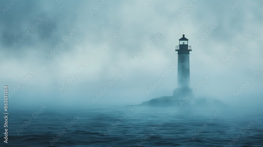 A lighthouse stands tall amid thick fog in the vast ocean on a gloomy day, A lighthouse standing tall against the endless ex A lighthouse stands tall amid thick fog in the vast ocean on a gloomy day, A lighthouse standing tall against the endless ex