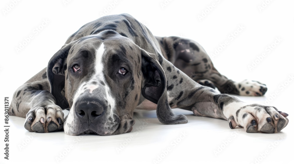 Gentle Great Dane Relaxing - Tranquil Dog Resting on White Background Gentle Great Dane Relaxing - Tranquil Dog Resting on White Background
