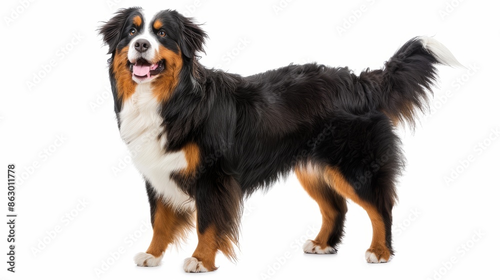 Happy Bernese Mountain Dog Standing Playfully on White Background Happy Bernese Mountain Dog Standing Playfully on White Background
