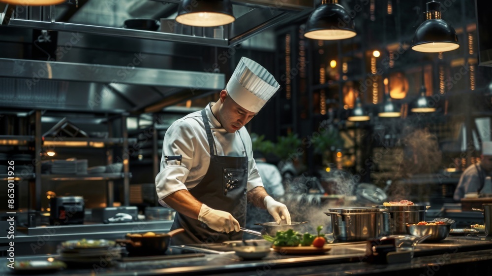 A passionate chef preparing gourmet dishes in a restaurant kitchen A passionate chef preparing gourmet dishes in a restaurant kitchen