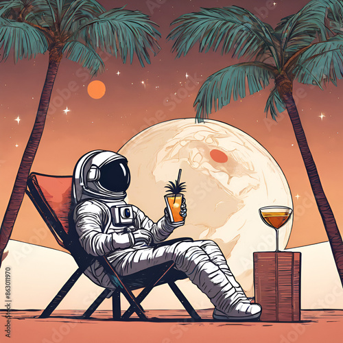An illustration of an astronaut under a palm tree drinking a cocktail in the sunset.