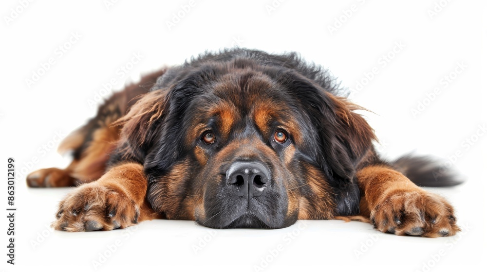 Majestic Tibetan Mastiff Resting Peacefully on White Background Majestic Tibetan Mastiff Resting Peacefully on White Background