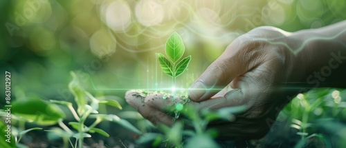 Nature merging with technology symbols, eco-innovation, green progress photo