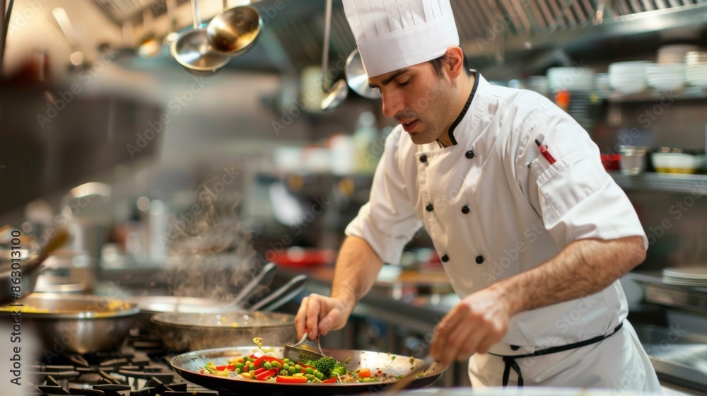A passionate chef preparing gourmet dishes in a restaurant kitchen A passionate chef preparing gourmet dishes in a restaurant kitchen