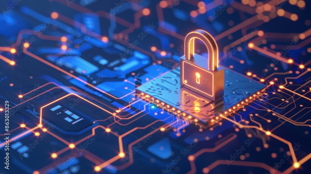 Futuristic lock on microchip, cybersecurity, advanced data protection Futuristic lock on microchip, cybersecurity, advanced data protection