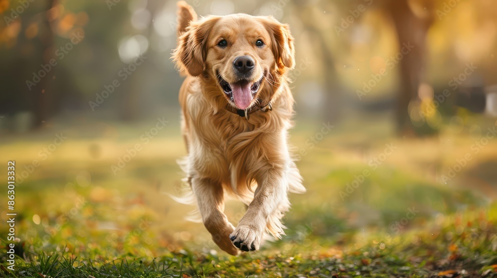 A cheerful Golden Retriever runs energetically through a sunlit park, capturing the joy and vibrancy of the moment. A cheerful Golden Retriever runs energetically through a sunlit park, capturing the joy and vibrancy of the moment.