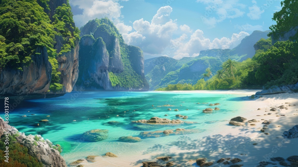Illustration of A remote beach with untouched sands,  clear waters,  and vibrant coral reefs