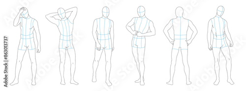 Male body mannequin. Template for fashion sketch ideas of men's clothing. Fashion design. Luxury outline vector illustration set