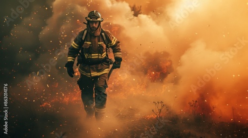 A tired firefighter, with his firefighter uniform, black pants with refractory, on a firefighting mission, smoke is seen behind
