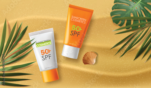 Realistic sunscreen bottle cosmetics set, tropical design, SPF cosmetics vector, packaging mockup, 3d scene background