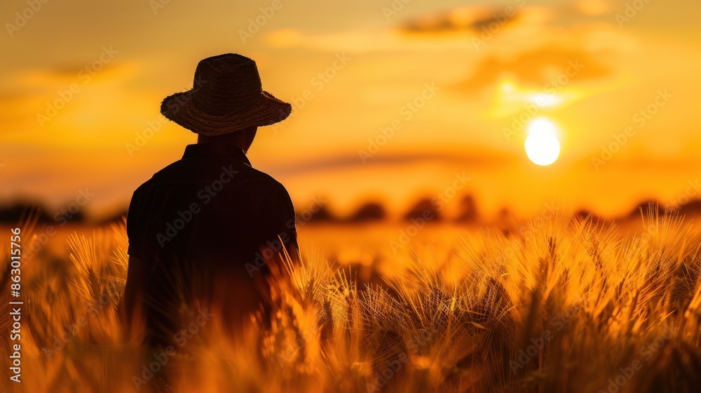 Silhouette of a Farmer at Sunset in a Wheat Field Silhouette of a Farmer at Sunset in a Wheat Field