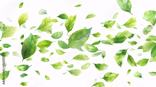 Fresh Green Leaves Scattering on White Background, Dynamic Natural Elements in Motion, Vibrant Foliage Perfect for Eco-Friendly, Organic Designs, Spring and Summer Themes, Nature-Inspired Art