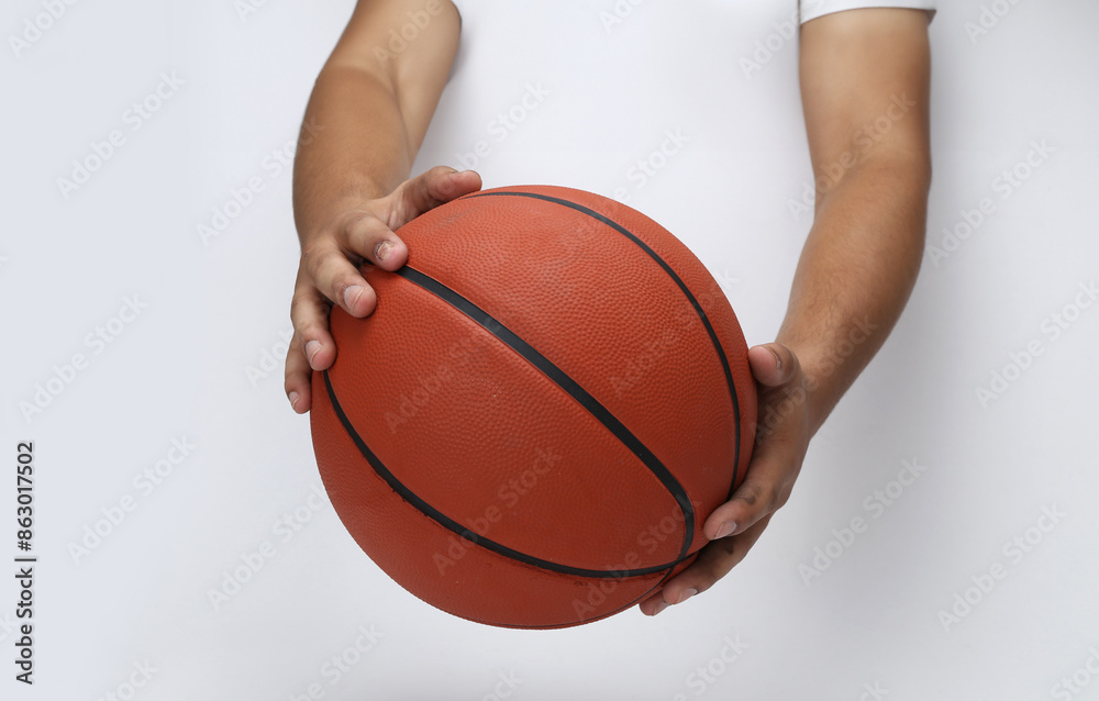 basket ball hold with the hand on white background basket ball hold with the hand on white background