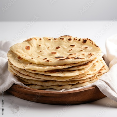 Stack of Freshly Made Rumali Roti Flatbreads on Wooden Plate photo