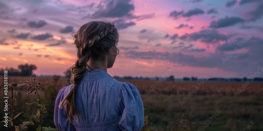 A woman stands in a field as the sun sets behind her, capturing the warm golden light A woman stands in a field as the sun sets behind her, capturing the warm golden light