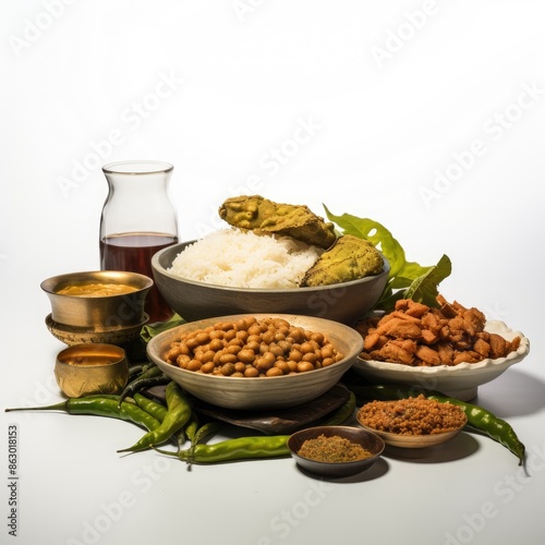 Traditional Assamese Meal with Khar, Rice, and Assorted Dishes photo