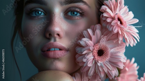 A close-up shot of a woman wearing flowers in her hair, suitable for use in beauty or lifestyle contexts