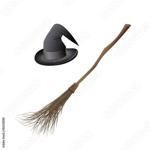 Witch hat and magic broom. Halloween stickers. Set of vector illustrations for all saints ' day. Mystical witchcraft. Print.