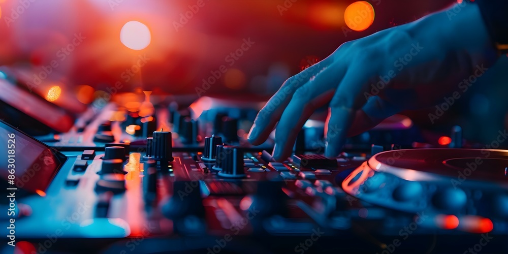 DJ mixing tracks in a nightclub with deck controls strobe lights. Concept Nightclub DJ, Track Mixing, Deck Controls, Strobe Lights, Party Atmosphere DJ mixing tracks in a nightclub with deck controls strobe lights. Concept Nightclub DJ, Track Mixing, Deck Controls, Strobe Lights, Party Atmosphere