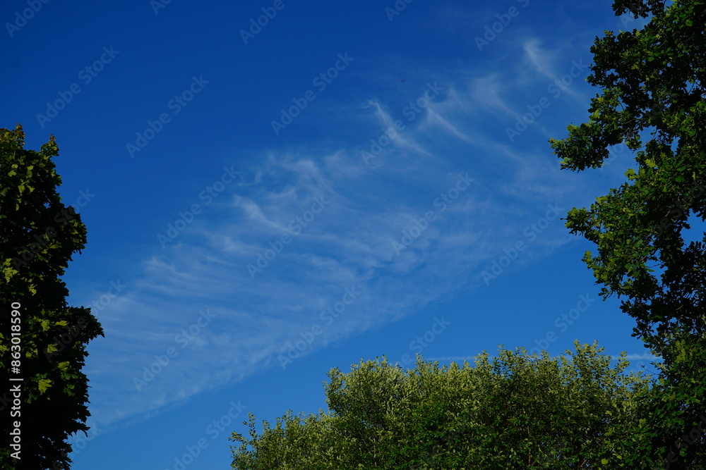 Obraz premium Chemtrail Clouds against a blue sky. Chemtrails and contrails aerial spraying over the city of Garbsen, district of Hanover, northern Germany.