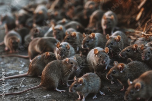 A group of rats are seen sitting together on the ground, possibly in a urban or wild setting