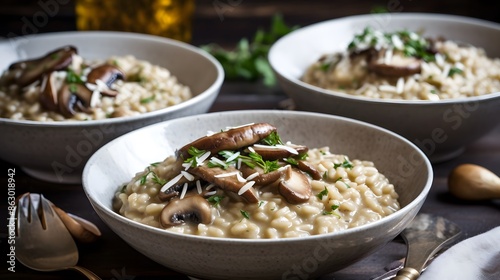 Close up view of appetizing mushroom risotto. 