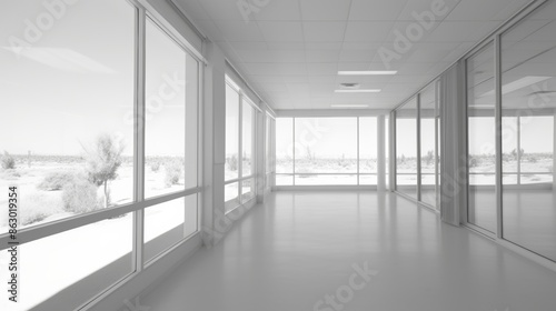 blurred hospital corridor with a window looking out onto a desert landscape.