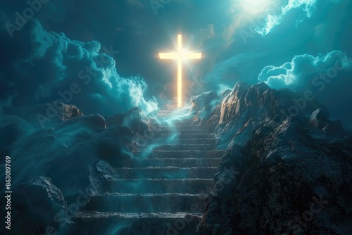 A stairway leads to a cross in the clear blue sky, suitable for use as a symbol of faith or a metaphorical representation photo