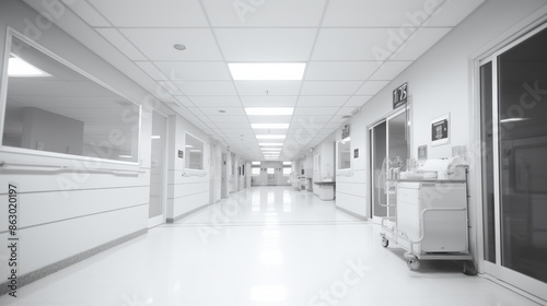 blurred hospital corridor with a sign pointing to the emergency room.