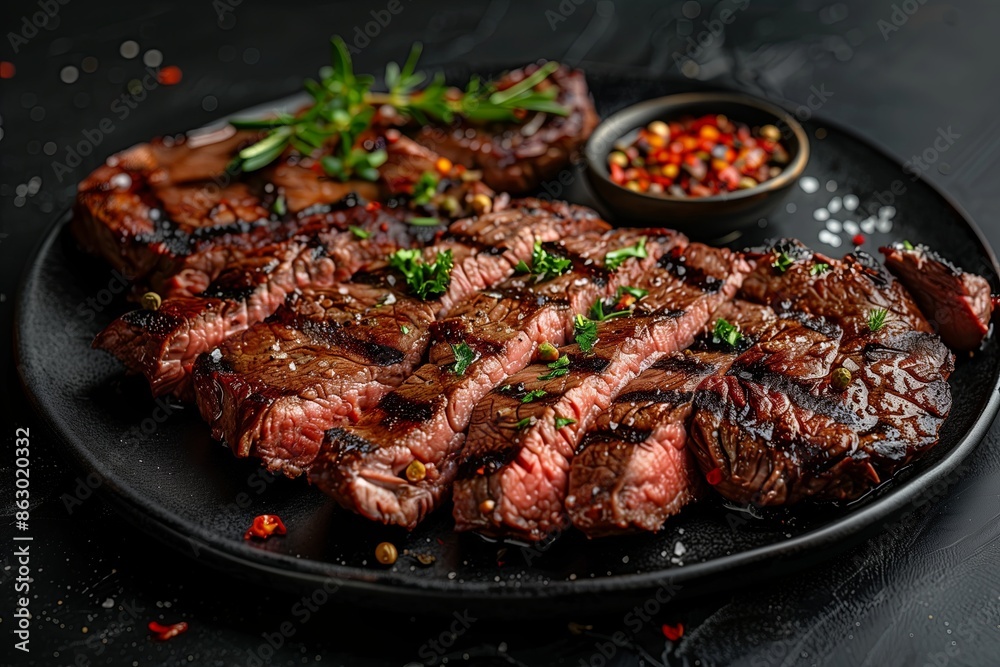 A juicy plate of grilled beef steaks, a grilled BBQ concept A juicy plate of grilled beef steaks, a grilled BBQ concept