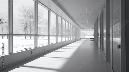 blurred hospital corridor with a window looking out onto a snowy landscape.