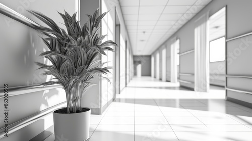 blurred hospital corridor with a plant on a shelf.