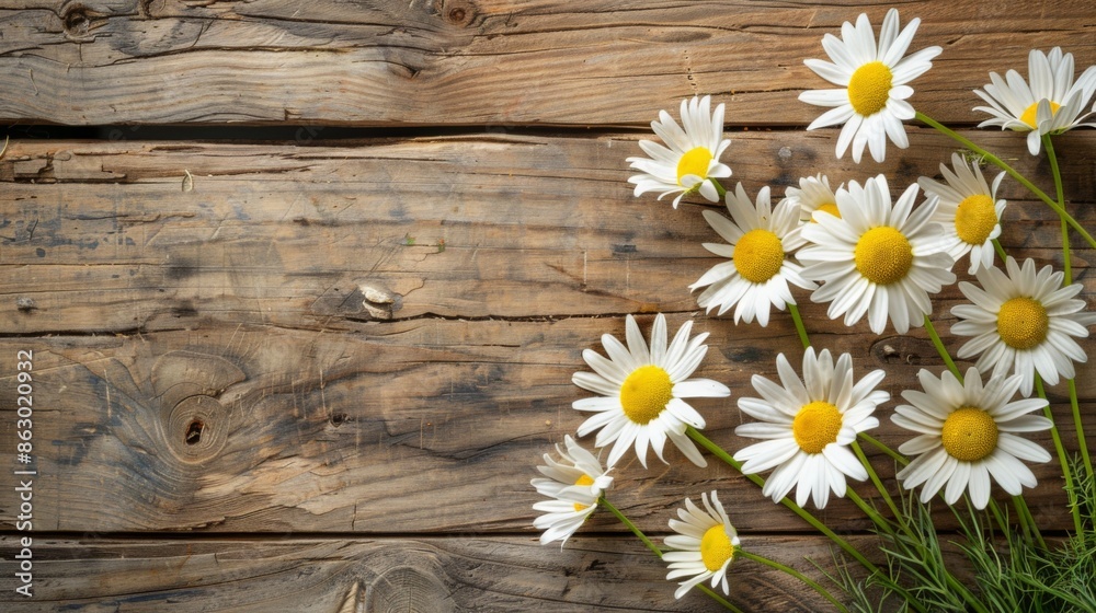 Obraz premium Daisy chamomile flowers on wooden background. View with copy space