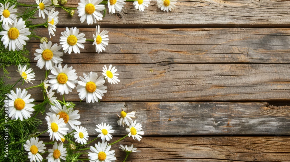 Obraz premium Daisy chamomile flowers on wooden background. View with copy space